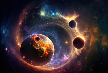Cosmological background stars, planets, and galaxies; space and time travel;. Generative AI