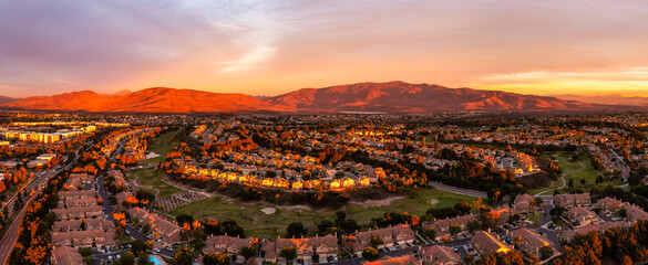 Houses surrounding a golf course in Eastlake Chula Vista, drone shot.