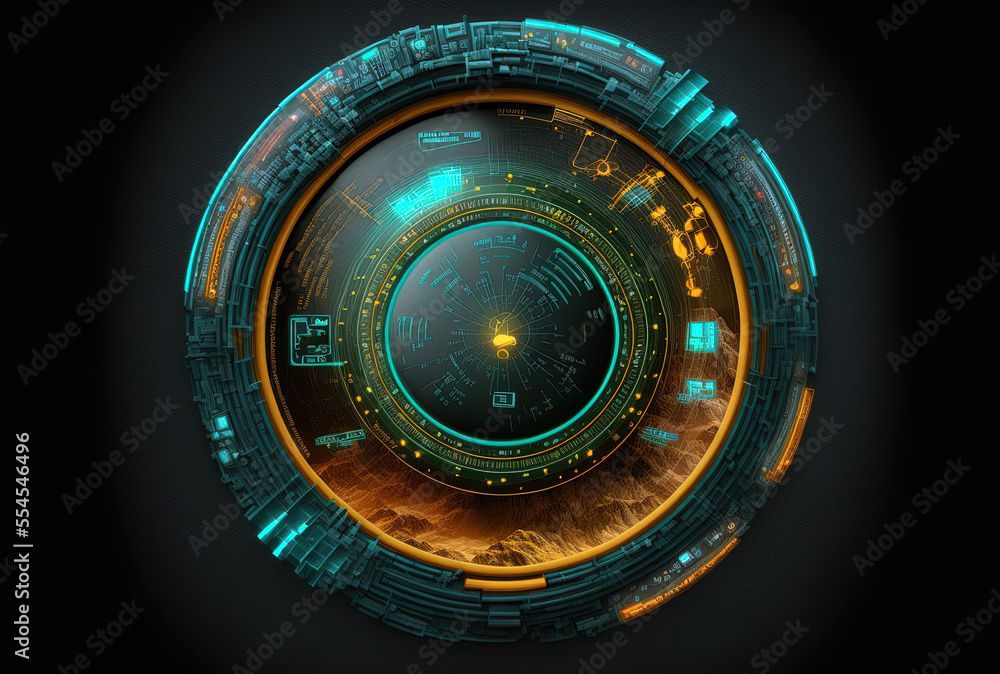 Poster HUD in a circle Sci fi hi tech design components, aspects HUD. Generative AI