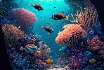 Fototapeta na wymiar Stunning underwater environment with corals and tropical fish. Generative AI