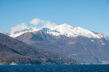 Monte Limidario on Lake Maggiore with its snowy peak
