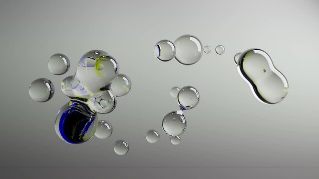 Loop 3d animation of an array of water droplets that merge and scatter in zero gravity. Abstract 3d composition, seamless background animation.