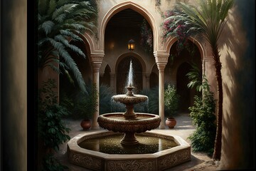 Fototapeta na wymiar East patio exterior with beautiful stone traditional fountain. Various oriental plants on the walls of the architecture, the atmosphere of the east. Arab antique architecture. AI