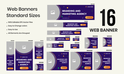 Branding and marketing agency web set banner design for social media posts, ads, minimal dark mode banner design - obrazy, fototapety, plakaty