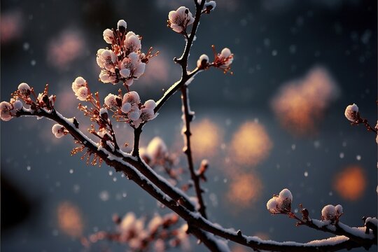 Blossoming branches of cherry, sakura in the snow, sunlight nature wakes up, spring background. AI