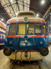 Front view of a N. V. Allan My 304 diesel locomotive from 1955 from the collection of the National Railway Museum of Portugal