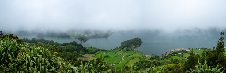 Panorama of Lagoa das Sete Cidades below the low clouds, São Miguel island