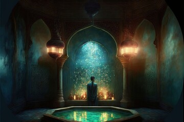 Fantasy interior Turkish baths. Traditional Arabic interior with plants and oriental arches and lanterns. AI