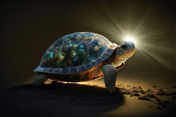 Naklejka na ściany i meble Turtle in the sun. Large ancient turtle. AI