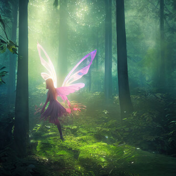 Magical fairy with pink wings in the forest background