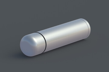 Thermos on black background. Metallic thermo flask. 3d rendering