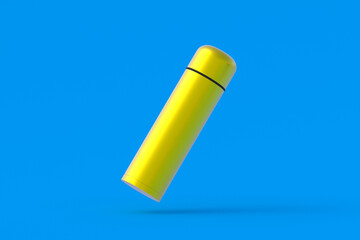 Levitating thermos on blue background. Metallic thermo flask. 3d rendering