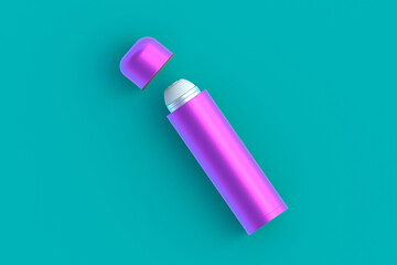 Thermos on green background. Metallic thermo flask. Top view. 3d rendering