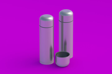 Thermoses on pink background. Metallic thermo flasks. 3d rendering