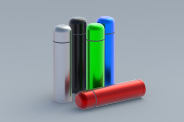 Thermoses of different colors on gray background. Metallic thermo flasks. 3d rendering