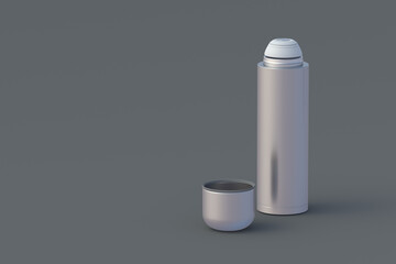 Thermos on gray background. Metallic thermo flask. Space for text. 3d rendering