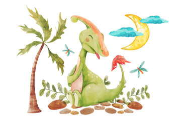 Cute Baby Dinosaur watercolor, Baby Dinos Nursery Decor, Cute Animals illustration, Watercolor illustration, Clipart For Kids.