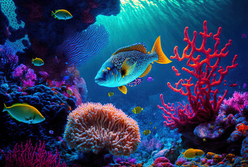 Naklejka na ściany i meble Beautiful coral reefs and fish with vibrant colors in the ocean. Generative AI