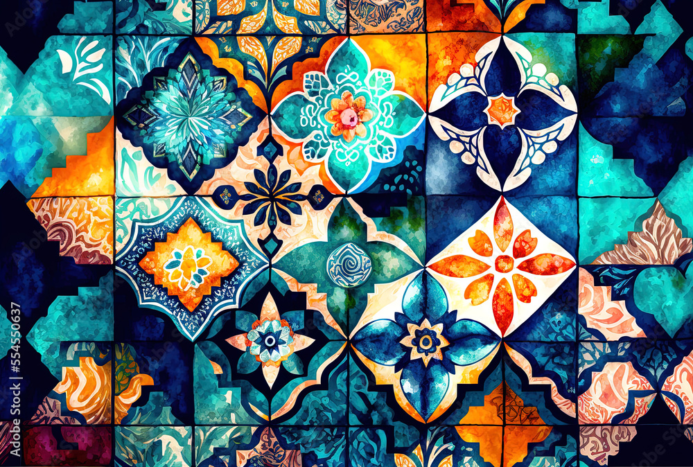 Poster continuous patchwork design in watercolor. ethnic tile with an artistic abstract limitless saturatio