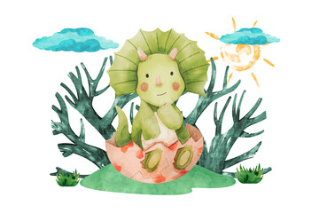 Naklejka premium Cute Baby Dinosaur watercolor, Baby Dinos Nursery Decor, Cute Animals illustration, Watercolor illustration, Clipart For Kids.