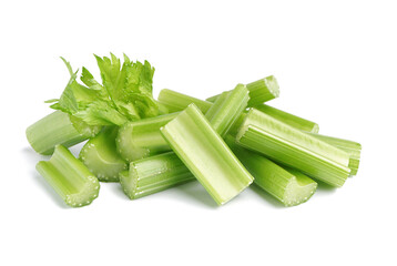 Heap of cut celery isolated on white background