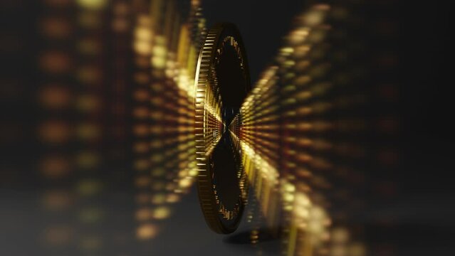 Loop 3d animation of the NFT coin with the date of 2023 new year. The coin rotates radiating streams of rays. The future of cryptocurrency, the idea of well-being and success.