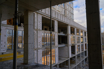 Construction site. High rise Building under construction. Construction of high-rise residential building