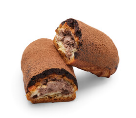 Halves of tasty chocolate eclair on white background