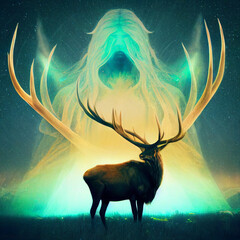 Elk with big antler, guardian of the forest, fantasy illustration