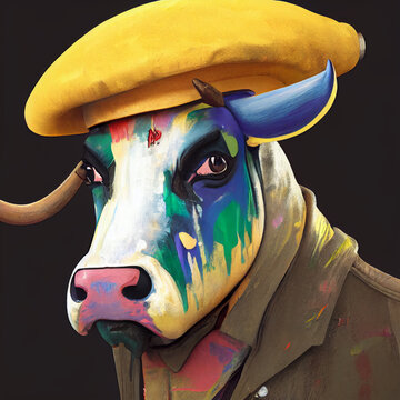 Artist cow with paint, creative illustration