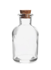 Glass bottle with cork on white background
