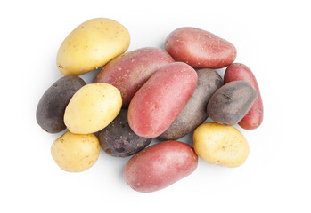 Heap of different raw potatoes isolated on white background