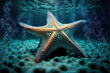 Sea stars are ancient marine animals. Decoration of the depth of the seabed. Underwater nature, sun rays through the water. Ocean floor. AI