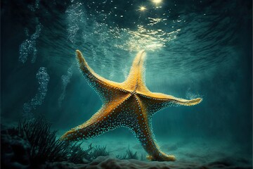 Obraz na płótnie Canvas Sea stars are ancient marine animals. Decoration of the depth of the seabed. Underwater nature, sun rays through the water. Ocean floor. AI