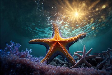 Sea stars are ancient marine animals. Decoration of the depth of the seabed. Underwater nature, sun rays through the water. Ocean floor. AI