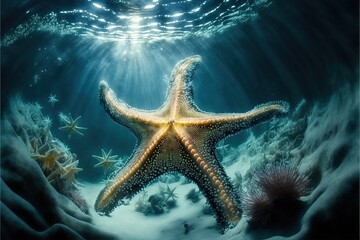 Sea stars are ancient marine animals. Decoration of the depth of the seabed. Underwater nature, sun rays through the water. Ocean floor. AI