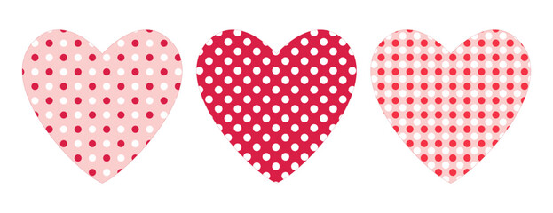 Clip art hearts set in polka dots textures in different red and pink colours. Isolated background. Design for Valentine’s Day, Weddings, Mother’s day celebration, greeting cards, invitations, textile.