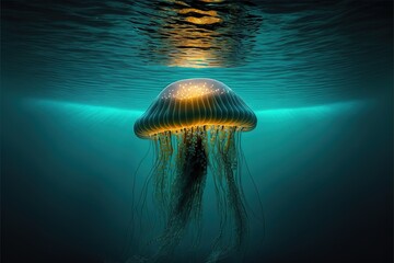 Sea jellyfish on the wave of the ocean. Beautiful, light, colorful jellyfish, neon. Decoration of the underwater world. Sunbeams through the water. AI