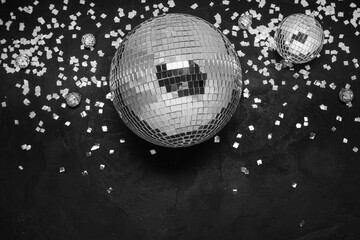 Disco balls with confetti on black background