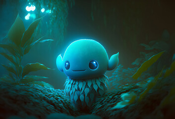 Illustration of a curious, bashful alien in glowing cyan jungle