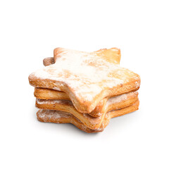 Stack of tasty Christmas cookies on white background