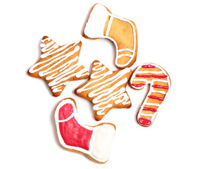 Set of tasty Christmas cookies isolated on white background