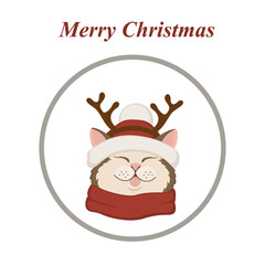 Christmas card. Cat portrait in Santa's hat and antler deer. Lettering Merry Christmas. Illustration for New Year invitation, greeting card, t-shirt, prints and posters.