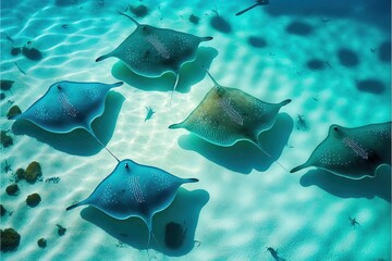 Marine fish, stingray. Unique deep inhabitants of the underwater world. The slopes at the bottom of the island with white sand, the beautiful waves of the ocean, the reflection of light on the sand.  - obrazy, fototapety, plakaty