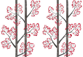Seamless pattern of red berries and branch, drawing watercolor. Illustration of trees on a white background.