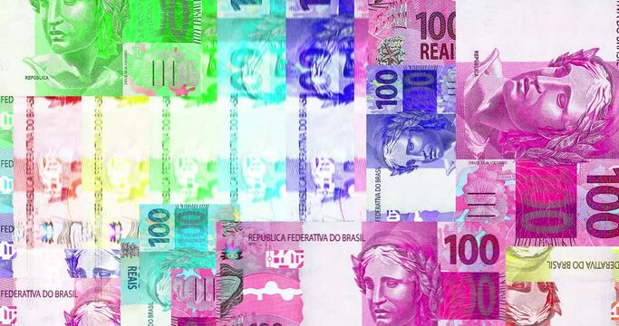 Brazil Real 100 BRL banknotes abstract color loop pattern. Brazilian bank note concept of currency, finance and economy. Looped and seamless design background.