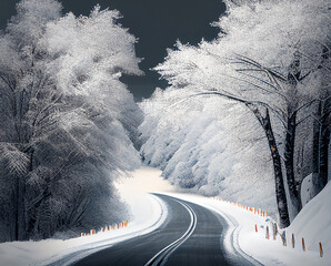 Winter road with snow-covered trees. Panorama of beautiful winter park