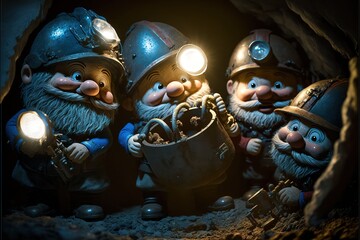 Dwarves work underground in the mine, extracting iron ore. In helmets with flashlights underground. AI