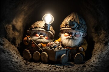 Dwarves work underground in the mine, extracting iron ore. In helmets with flashlights underground. AI - obrazy, fototapety, plakaty