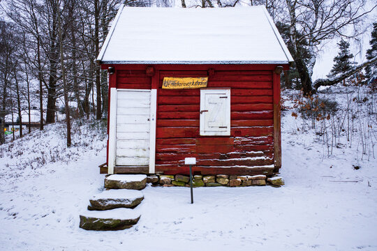 Old traditional red building in Hembygdsparken in H&auml;ssleholm, Scania, Sweden.